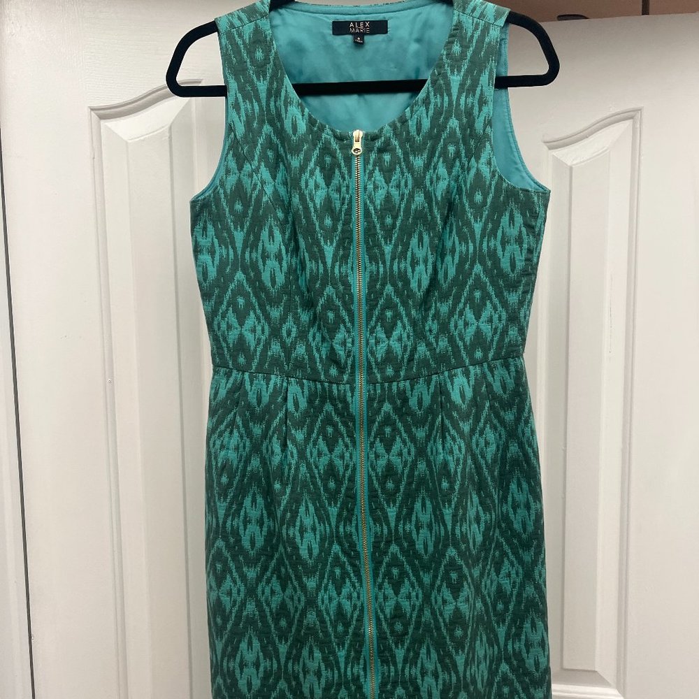 Aqua print southwest design dress with zipper front, brand Alex Marie, size 8